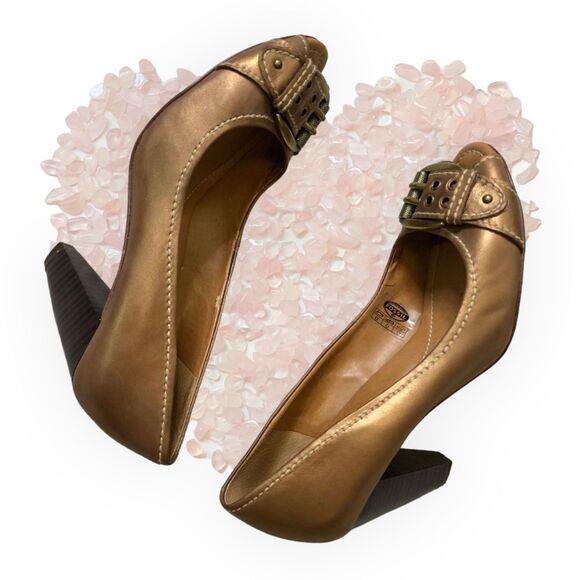 FOSSIL Gold Leather Block Heels, Peep toe with buckle, Women's Size 8 1/2 - Picture 8 of 13